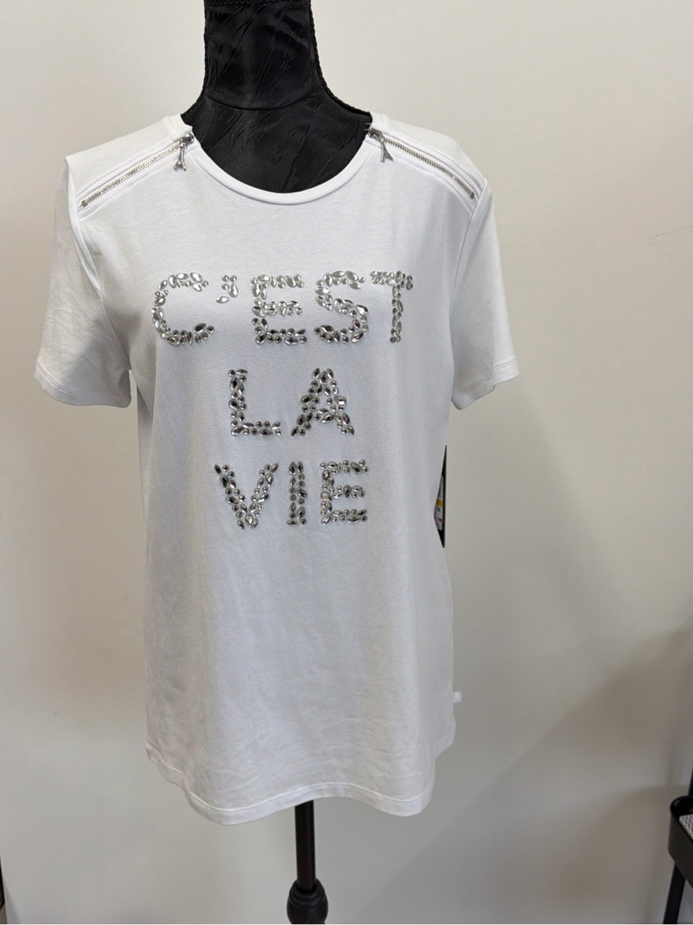 Karl Lagerfeld White Sequin 'C'est La Vie' Short Sleeve Tee